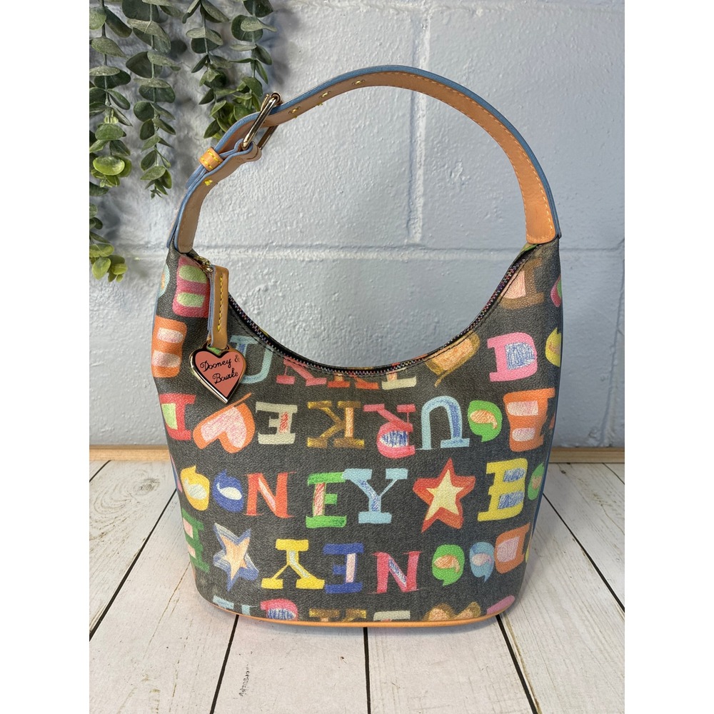 Dooney & Bourke Multi Color Doodle Print Hobo Bag Black Coated Canvas Heart Bag